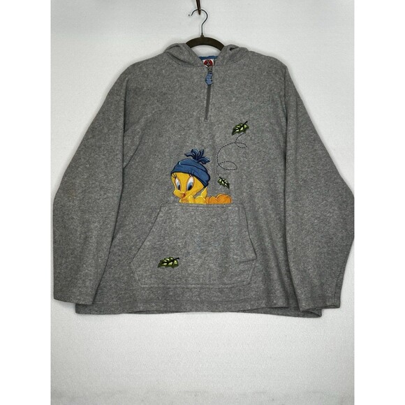 Vintage Looney Tunes Tweety Embroidered Fall Gray Hoodie Quarter Zip Size XL - Picture 1 of 7